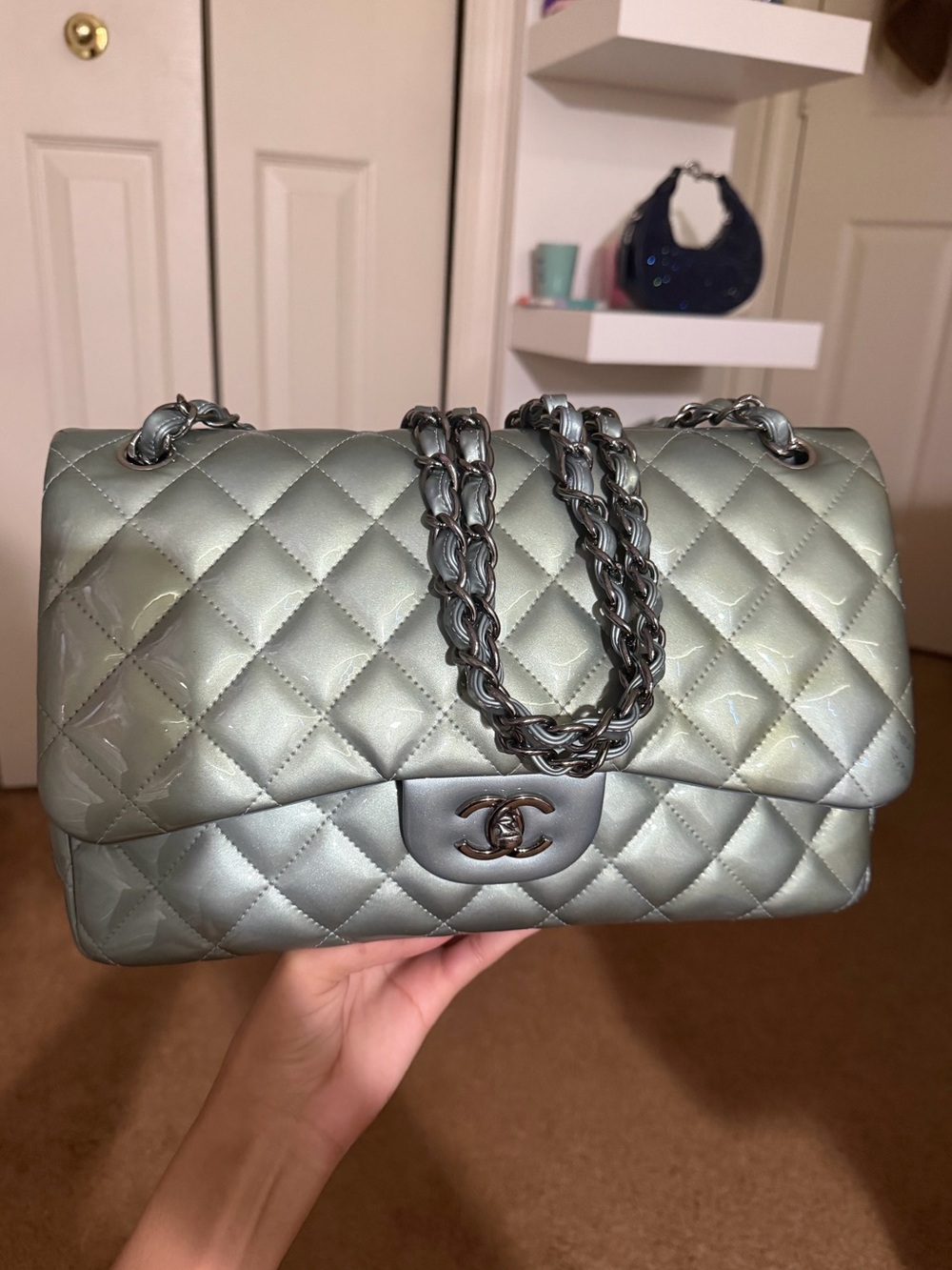Chanel Jumbo Double Flap Metallic Blue Green